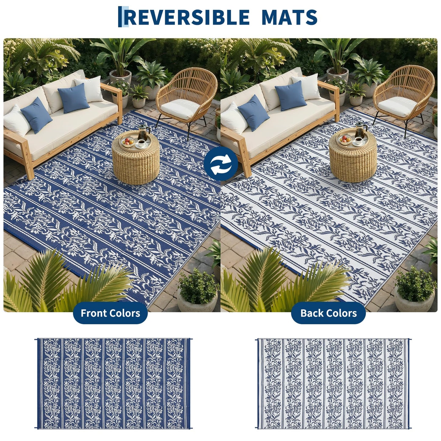 Garvee Outdoor Rugs 5x8 Waterproof Reversible Mat Boho Leaf Patio Rug with 4 Stakes and Starage Bag, Large Outdoor RV Mat Rugs for Camping, Picnic, Balcony, Deck, Backyard, Navy Blue & White