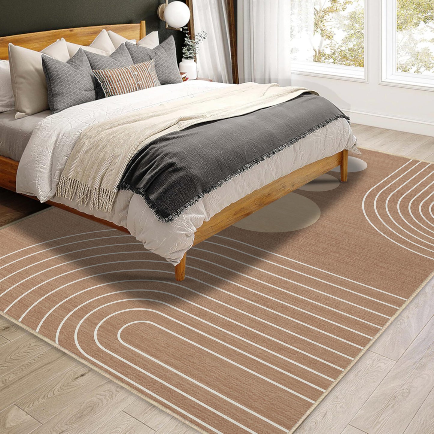 Boho Rug 3x5 Modern Geometric Minimalist Abstract Line Area Rug for Entryway Living Room Brown Mid Century Modern Machine Washable Non-Slip Printed Low-Pile Floor Carpet for Kitchen Bedroom Brown