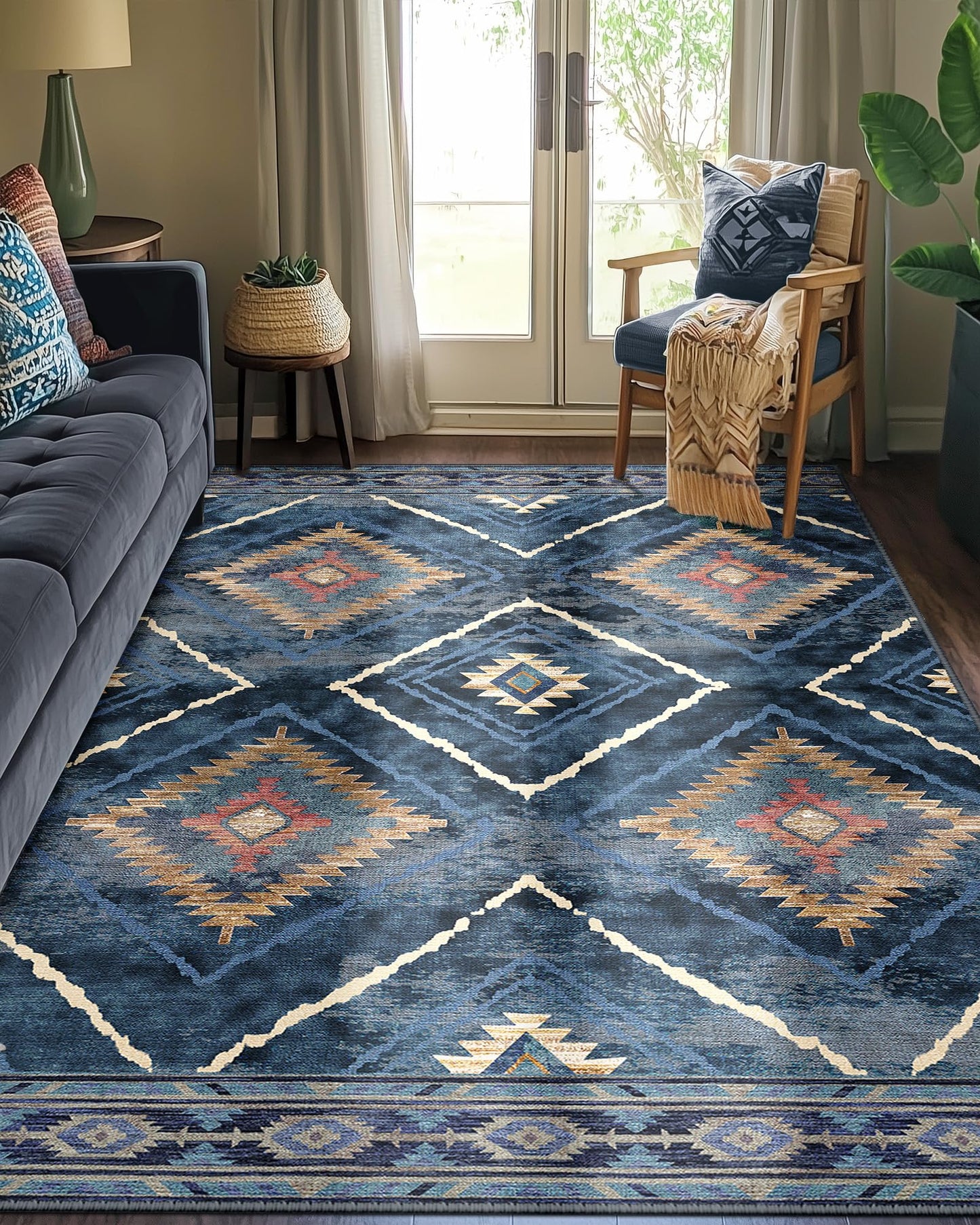 BESTSWEETIE Area Rug 5x7 Rug Machine Washable Non-Slip Low Pile Print Pattern Western Rug for Living Room Bedroom Entryway Tribal Series -Darkblue