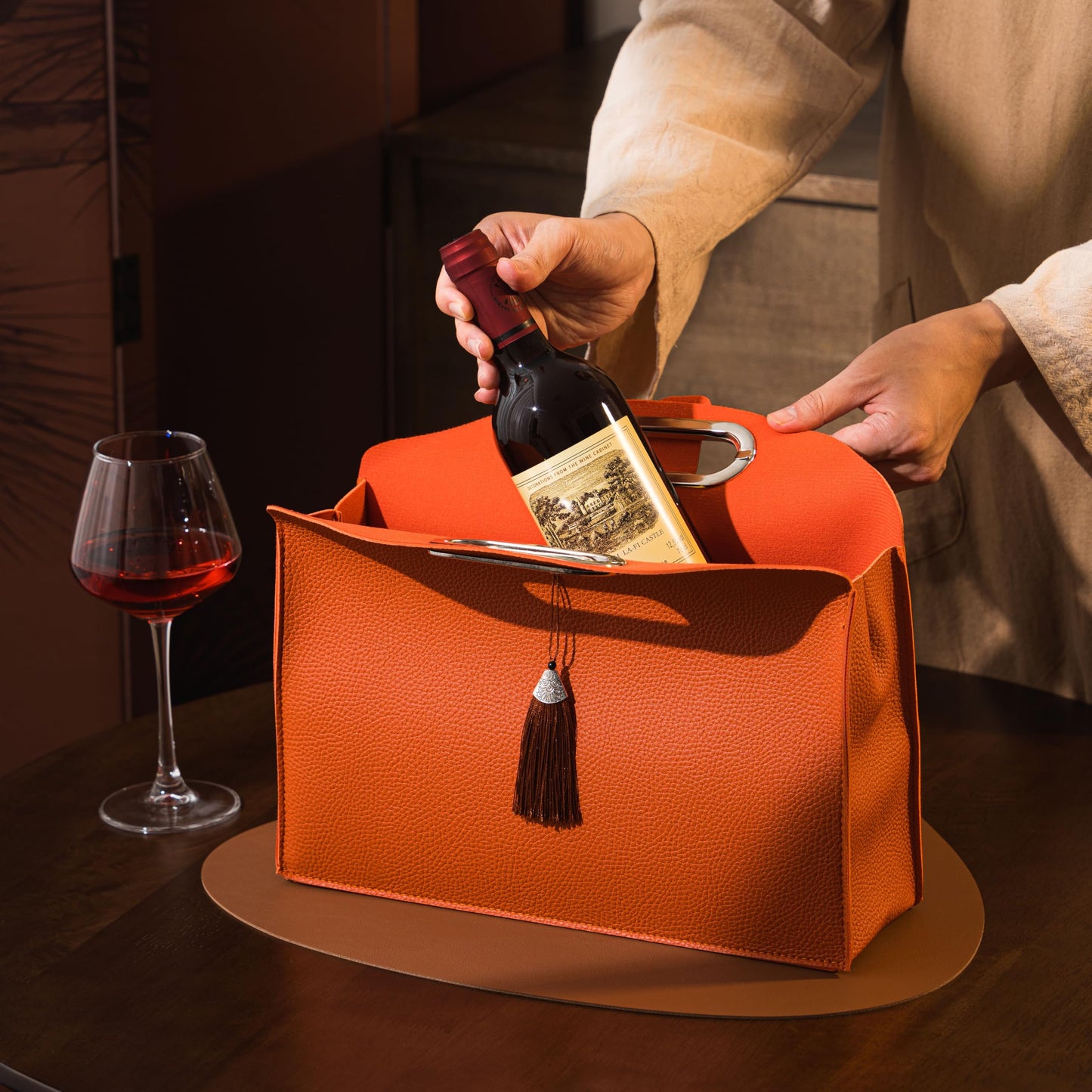HiCrast Orange Leather Wine Tote Bag – 13x11x4 inch Portable Wine Carrier with Built-In Divider for 1-2 Bottles, Elegant Wine Travel Bag and Double Wine Gift Bag for Weddings, Parties & Picnics