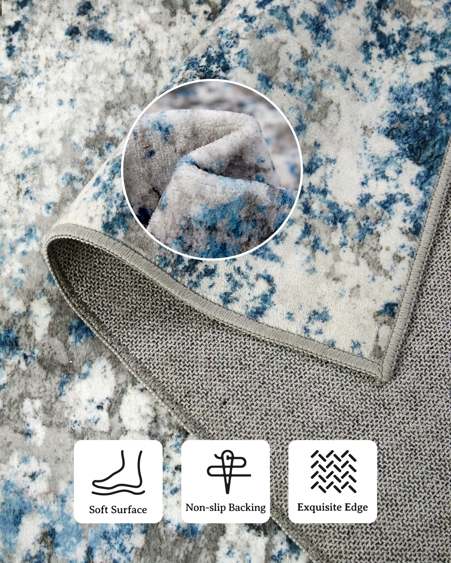 AUKOW Washable Area Rug for Living Room: 6x9 Modern Abstract Neutral Soft Rug for Bedroom Dining Room No Slip Low Pile Carpet for Nursery Home Office - Grey/Blue