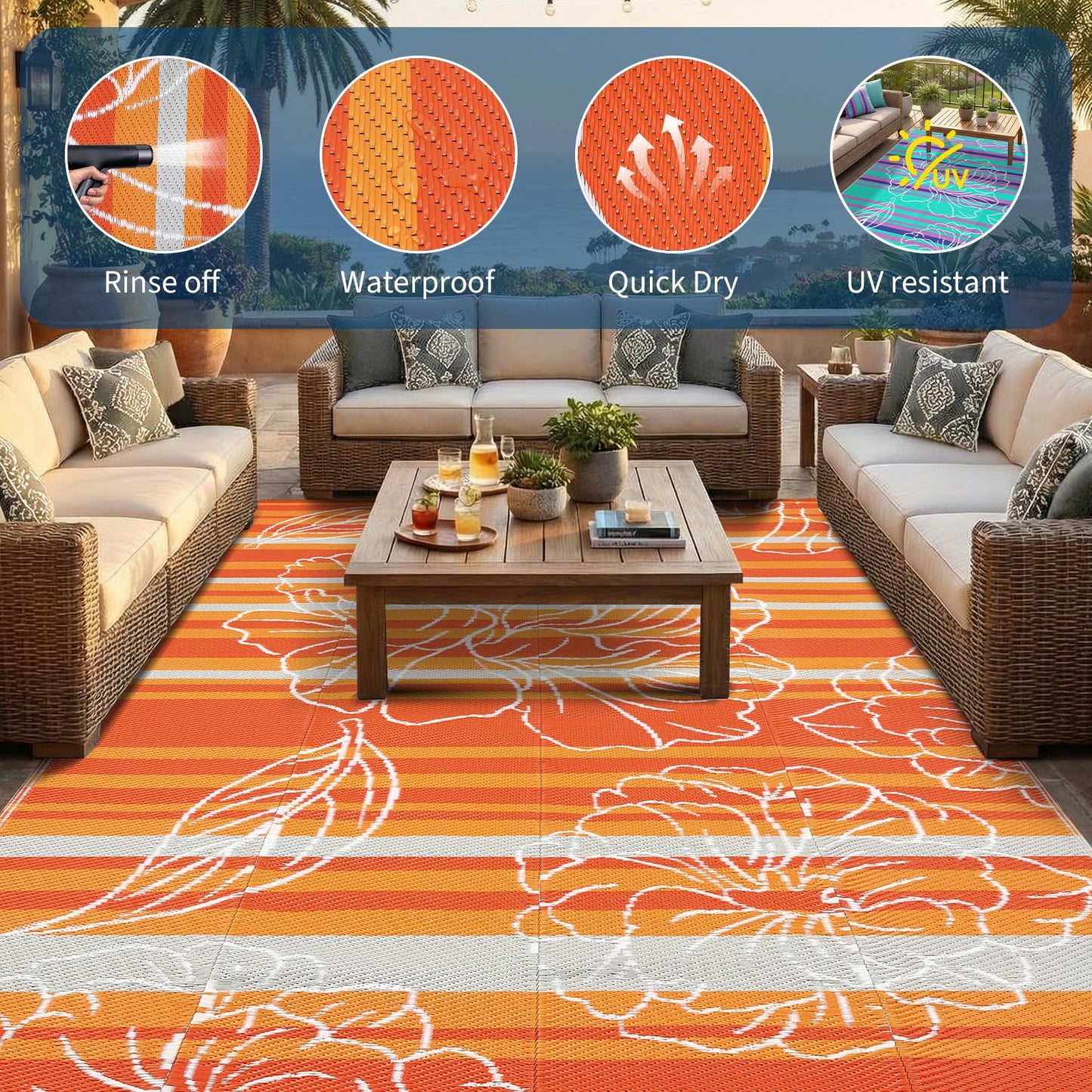 Garvee 8x10 Outdoor Waterproof Rug, Floral Outdoor Area Rug，Reversible Plastic Straw Patio Rug, Portable Camping Mat for RV, Picnic, Beach, Balcony, Garden & Camping Orange