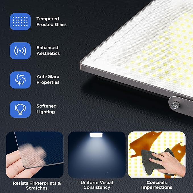 100W LED Flood Light with Frosted Glass, Soft Light, 12000LM, IP66 Waterproof, 6500K Daylight, Outdoor Security Light for Backyard Stadium Lawn (100W1P)