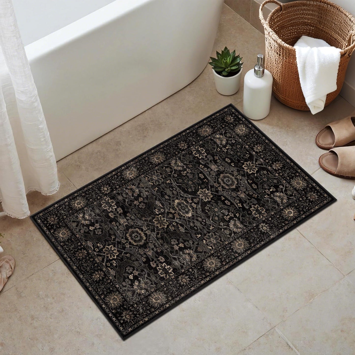 2x3 Entryway Rug Black Gold Washable Rugs for Entryway Kitchen Low Pile Non-Slip Door Mat Traditional Distressed Small Carpet for Kitchen Entrance Bathroom