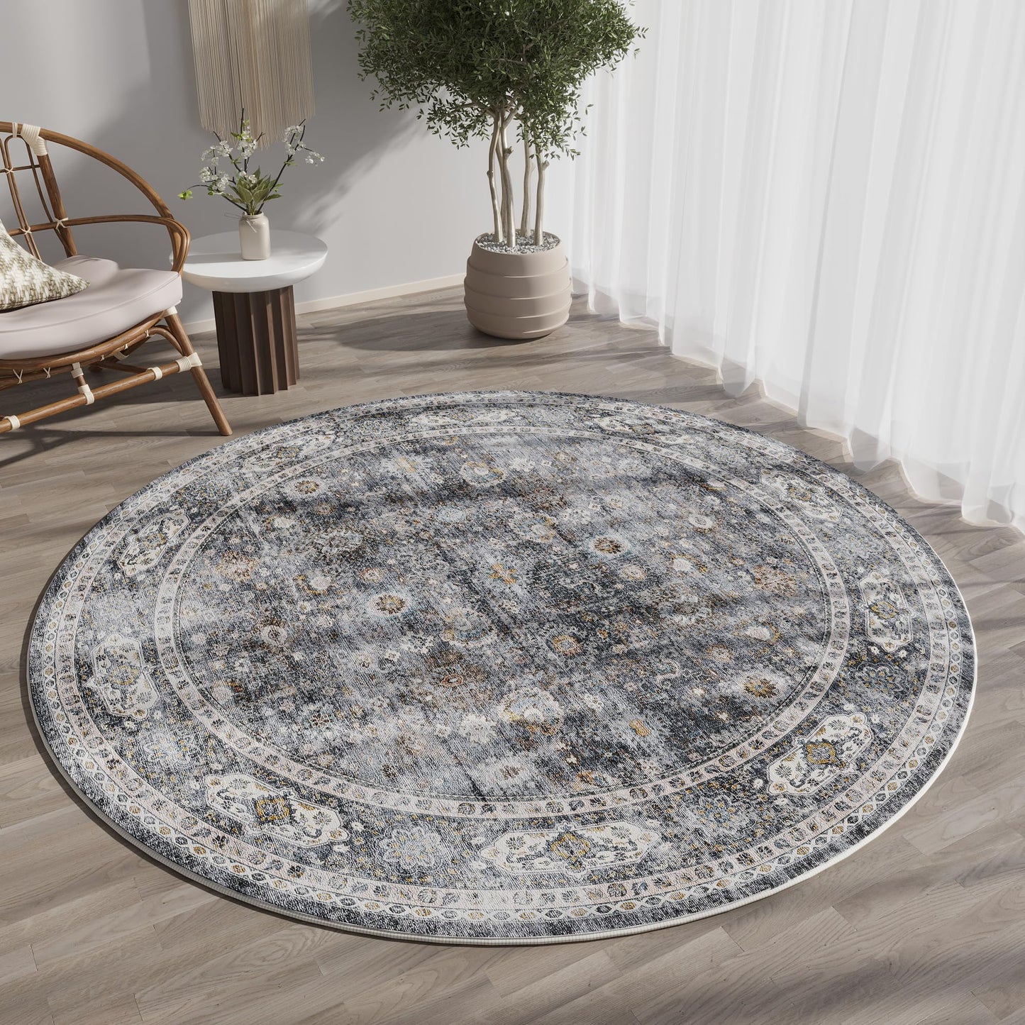 Rugcomf Round Rug 4ft Washable Circle Rug Non Slip Low Pile Boho Small Circular Rug for Bedroom, Bathroom, Entryway, Kids Room, Office, College Dorm(Grey)