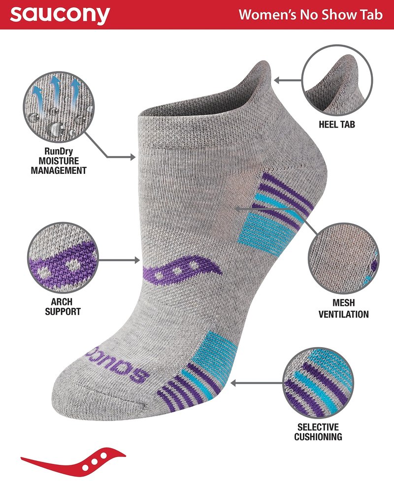 Saucony Women's RunDry Performance 8, 16 Pairs Heel Tab Athletic Socks, S-L, Grey Heather Blue Assorted (16 Pairs), Large