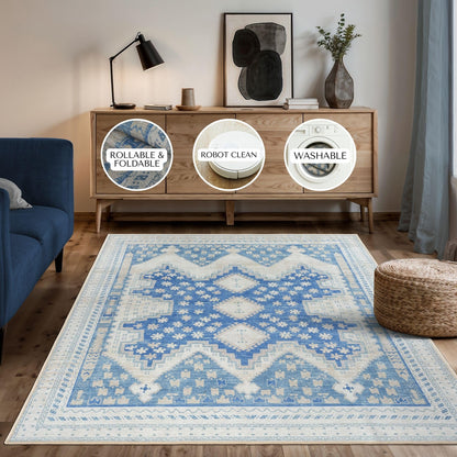 GIONARA Gray Blue Oushak Area Rug 6x9 - Modern, Machine Washable Vintage Turkish Boho Carpet Low Pile Non Slip Large Area Rugs for Living Room, Dining Bedroom, Kids Playroom, Farmhouse