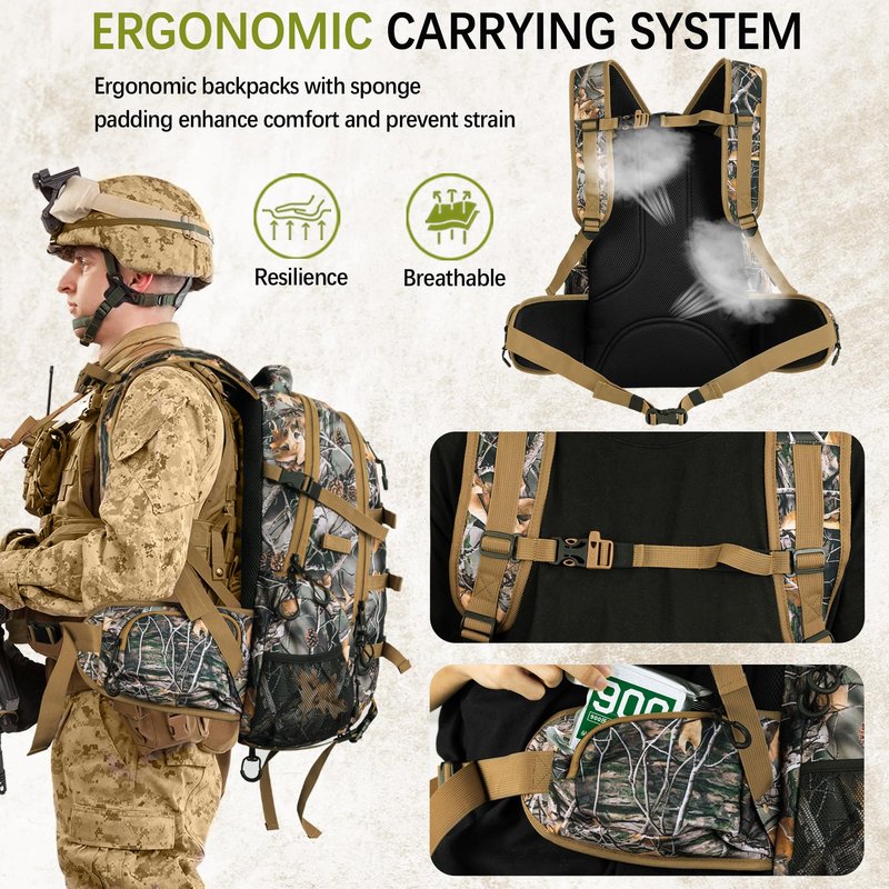 GoHimal Hunting Backpack with Bow Holder, 30L Water-proof Camo Daypack for Men, 600D Fabric Hunting Gear for Deer Bowhunting