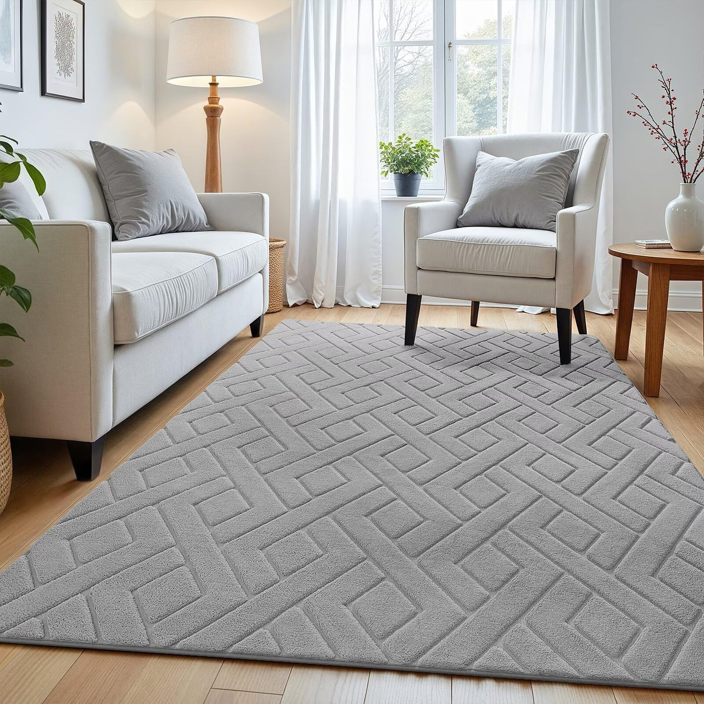 Macgace Ultra Soft Grey Area Rug for Bedroom, 4x6 Modern Geometric Shag Rugs with Nonslip Backing for Living Room, Washable Fuzzy Carpet for Cozy Kids Room Nursery