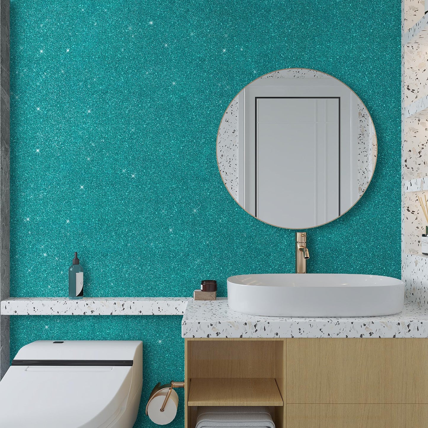 VaryPaper Teal Glitter Wallpaper Stick and Peel Decorative Glitter Contact Paper for Cabinets Craft Removable Self Adhesive Sparkle Teal Wall Paper for Girls Bedroom Accent Wall Covering 15.7''x78.7''