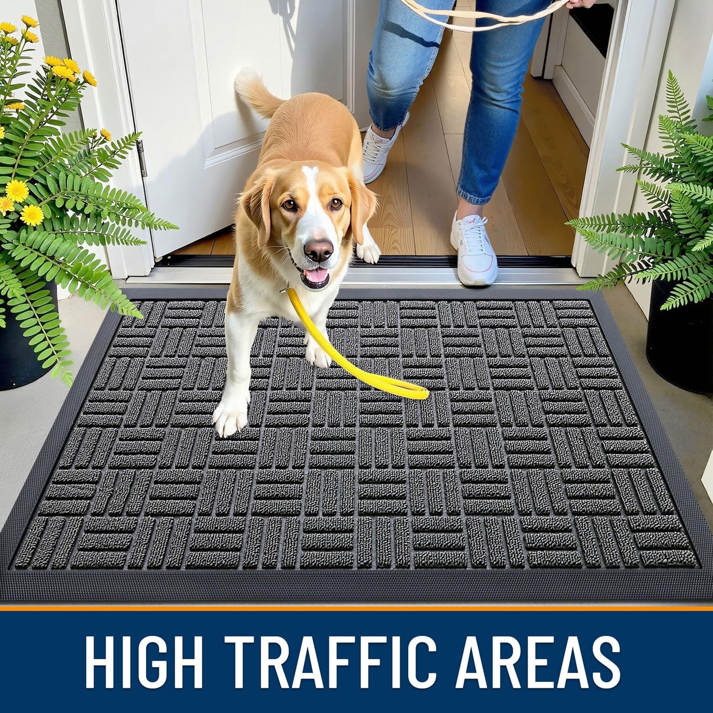 OLANLY Front Door Mat Outside Entrance 47x17, Absorbent, Heavy Duty Sturdy Natural Rubber Doormat Indoor Outdoor, Stain and Fade Resistant, Non-Slip Backing Low Profile Floor Mat for Entryway, Grey