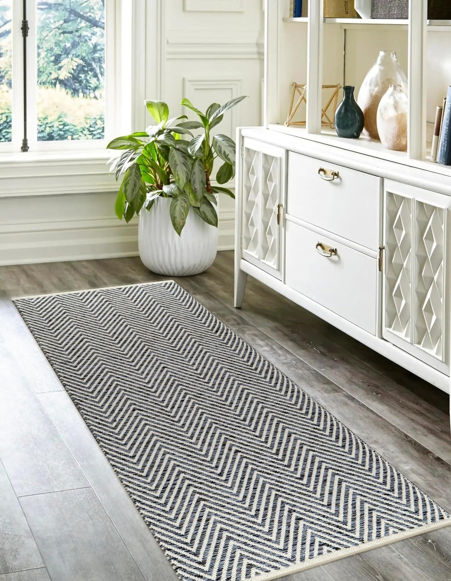 Cotton Chevron Hand Woven Area Runner Rug 2x6 Feet - Charcoal, Farmhouse Decorative Floor Runners Ideal for Hallways, Kitchen, Bedroom | Nursery Durable Geometric Reversible Living Space Patio Mats