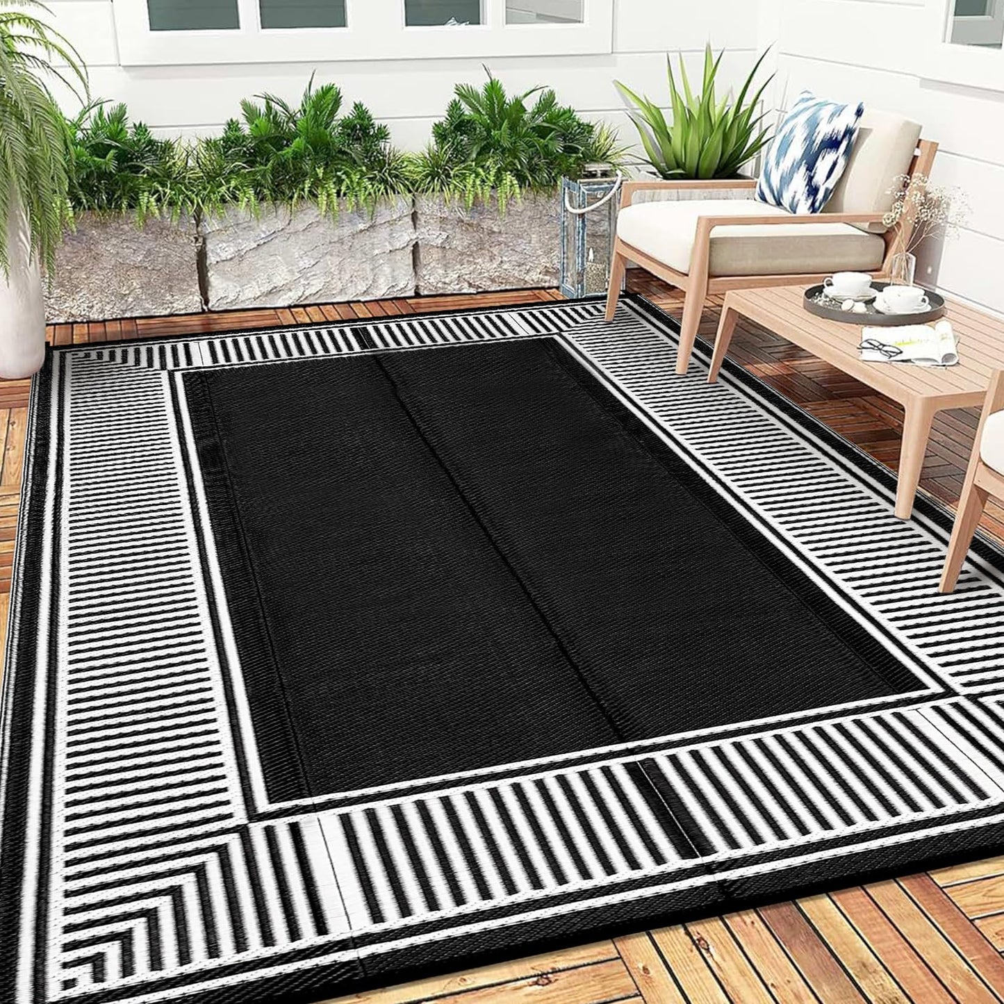 Garvee 9x12 Outdoor Rug for Patio Plastic Straw Rug Waterproof Reversible Mat Lightweight Foldable Carpet Easy Clean Large Rugs for Patio Porch Backyard Camping RV Beach Balcony Deck Border Black