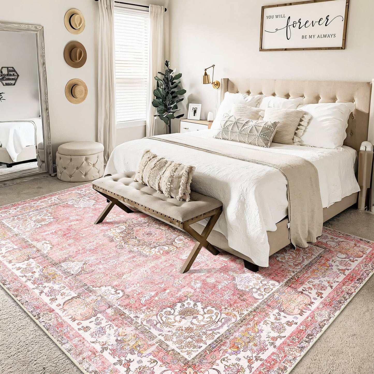 Castage 5x7 Area Rugs Washable Pink Rug for Living Room Bedroom Boho Floral