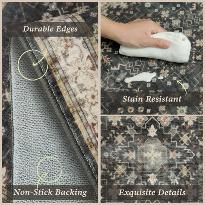 Black Boho Kitchen Rugs Set of 3, Non-Slip Machine Washable Kitchen Floor Mats, Low-Pile Runner Rug for Sink, Entryway, Bathroom, Laundry Room, Bedroom, Vintage Farmhouse Design