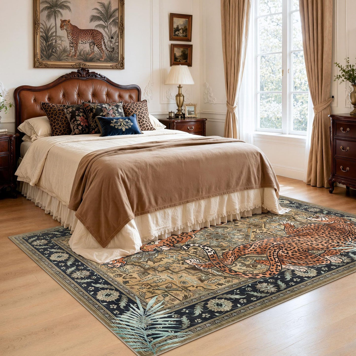 Tribesigns Tiger Leopard Print 5x7 Brown Area Rug, Boho Animal Washable Living Room Bedroom Rug, Soft Non Slip Low Pile Indoor Throw Dining Room Carpet for Office Playroom, Oeko-Tex Certified