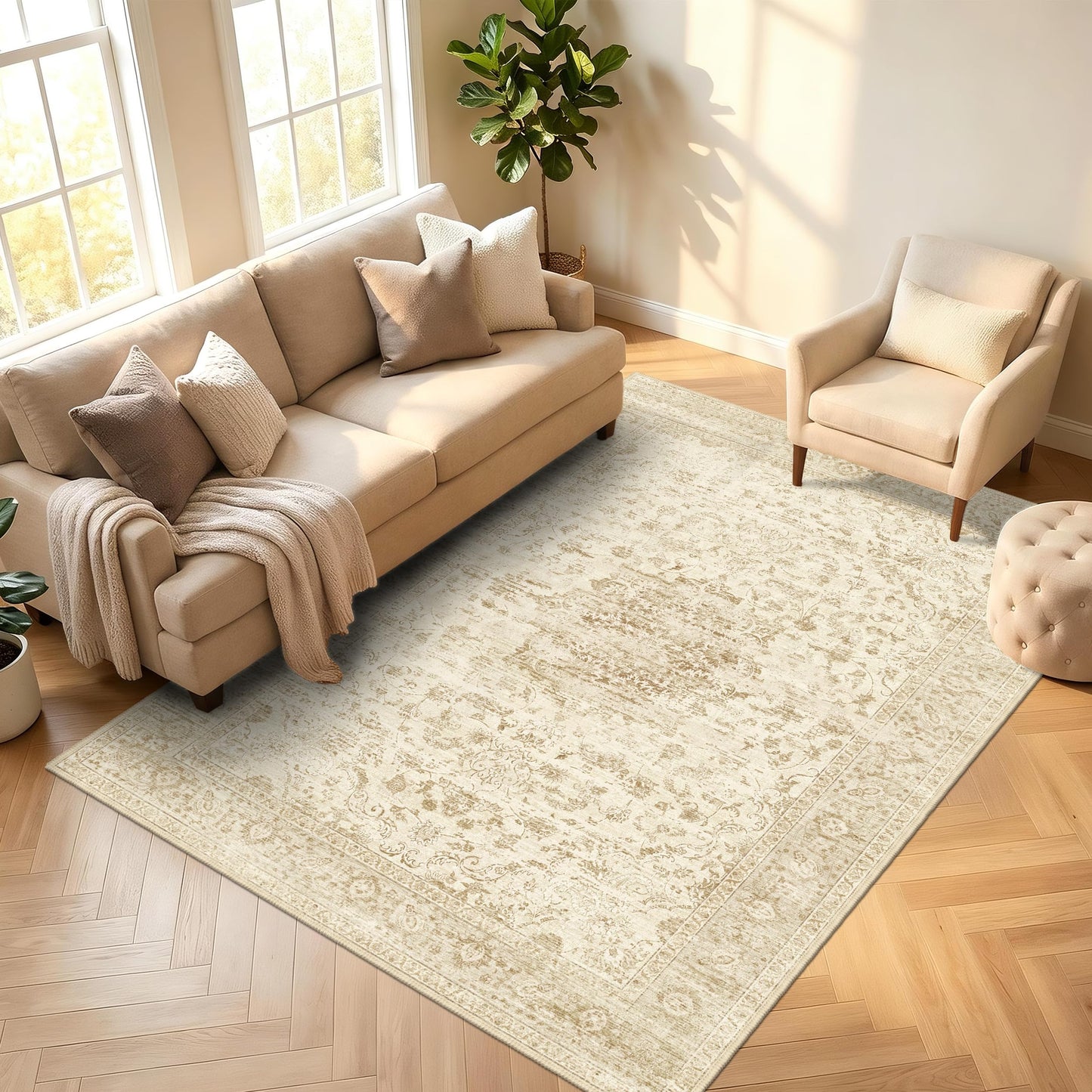 TTelephant Beige Washable Rugs 5x7, Neutral Vintage Boho Carpet for Bedroom, Living Room and Dining Room, Low Pile Nursery Area Rug with Non-Slip Silicone Backing, Non-Shedding