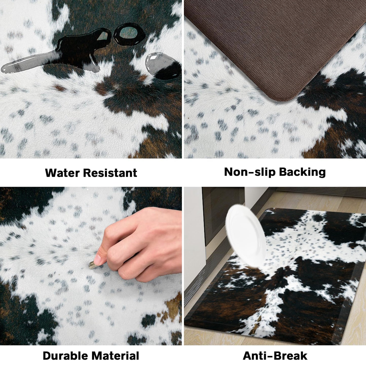 Tyrot Cowhide Kitchen Mat Cushioned Anti Fatigue - 1/2 Inch Thick Western Cow Kitchen Mats for Floor, Non Slip PVC Waterproof Standing Desk Ergonomic Comfort Rugs for Sink, Office, Laundry, 17.3x28