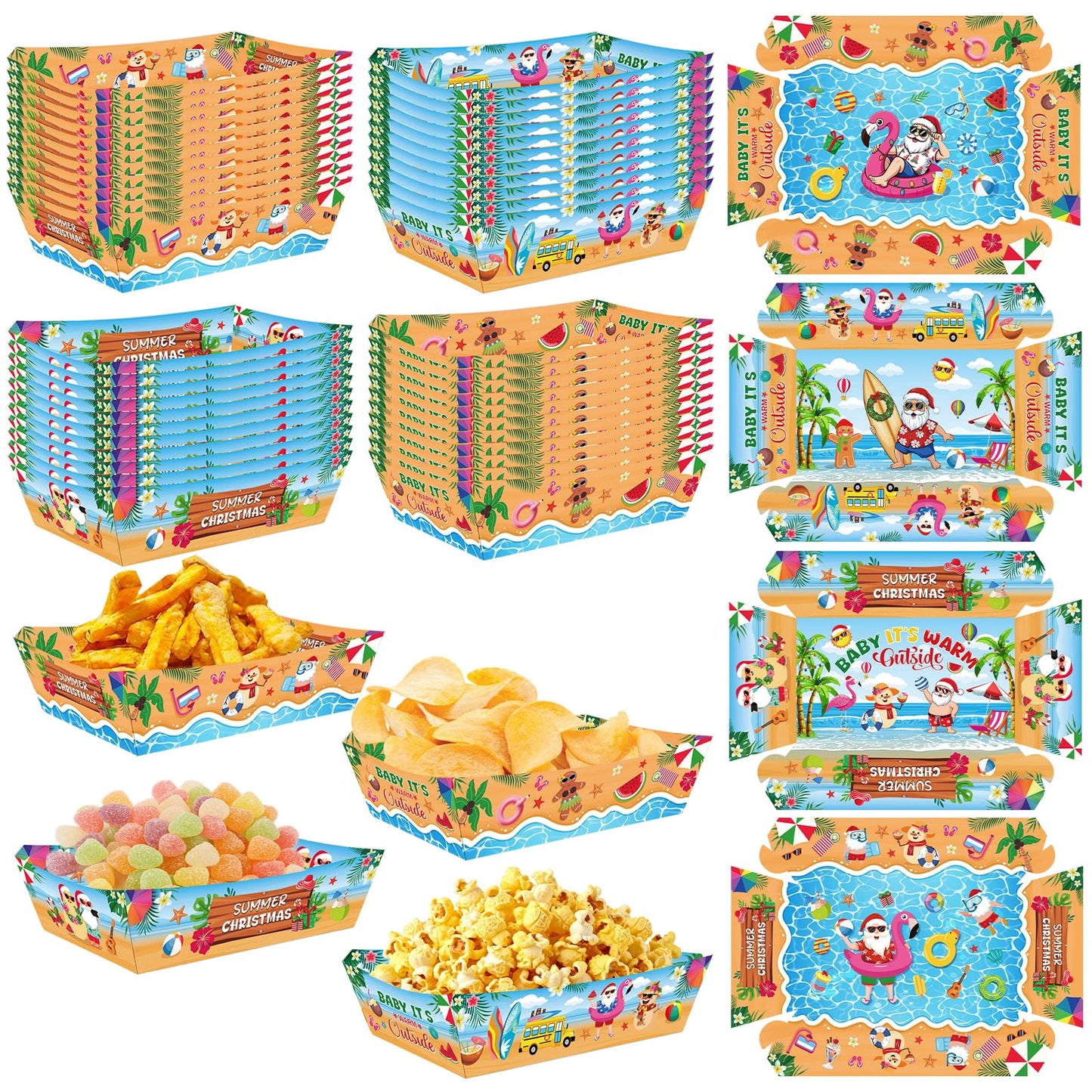 NOVBAUB 24PCS July Christmas Snack Bowl - Paper Summer Christmas Party Decorations Supplies for Barn Bash Summer Santa in July Beach Themed Serving Tray Tableware Carnival Decor