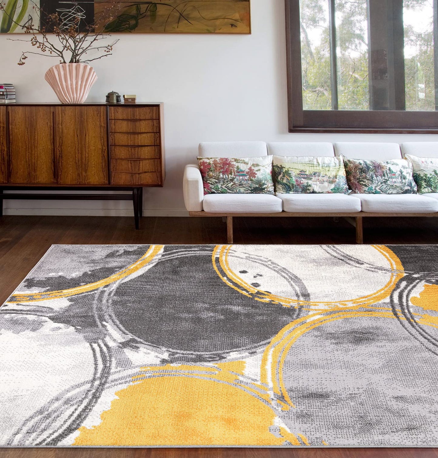Rugshop Evora Modern Yellow Area Rug, Contemporary Circles Design, Non-Shedding Carpet for Large Living Room or Bedroom, 7'10" x 10'