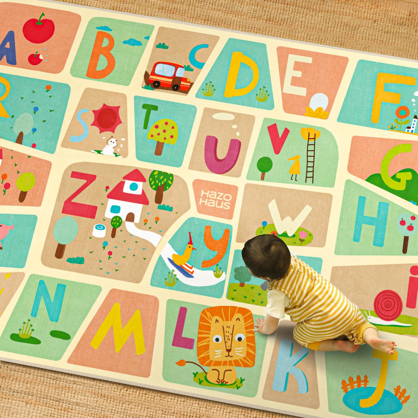 ABC Alphabet Rug for Nursery Room – 5x8 Baby Play Mat for Preschool, Washable Play Room Carpet, Soft & Safe Toddler Crawling Map with Fun Educational Letters and Cute Cartoon Art Decor