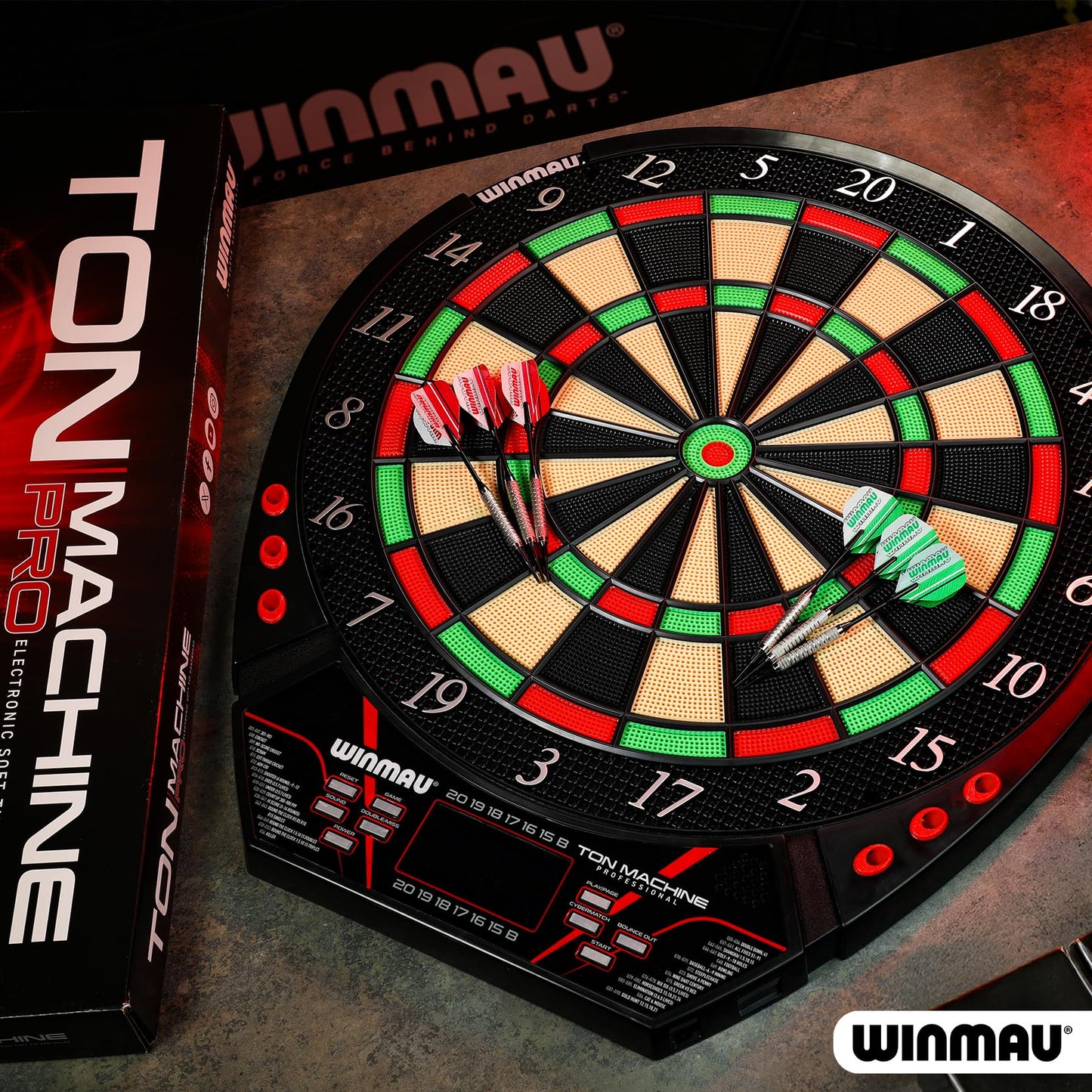 WINMAU Ton Machine Electronic Dartboard Set – Soft Tip Dart Board with 90+ Games, Digital Scoreboard & AI Play – 8 Player Multiplayer – Includes Darts, Tips & Throw Line