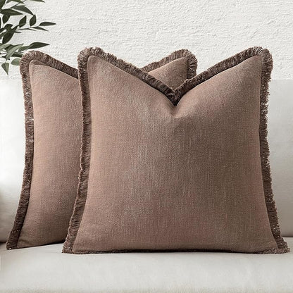 MIULEE Decorative Throw Pillow Covers Neutral Linen Fringe Throw Pillows Set of 2 Dark Coffee Boho Farmhouse Cushion Covers with Tassels for Couch Sofa Bed Living Room Spring Home Decor 20x20 Inch