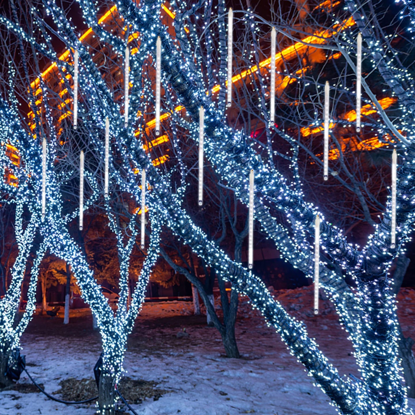 LJLNION 24 Tubes Meteor Shower Lights, Outdoor Icicles Christmas Decor, 12 Inch 864 LED Snow Falling Connectable Raindrop Lights, Xmas Wedding Party Tree Holiday Decoration, White
