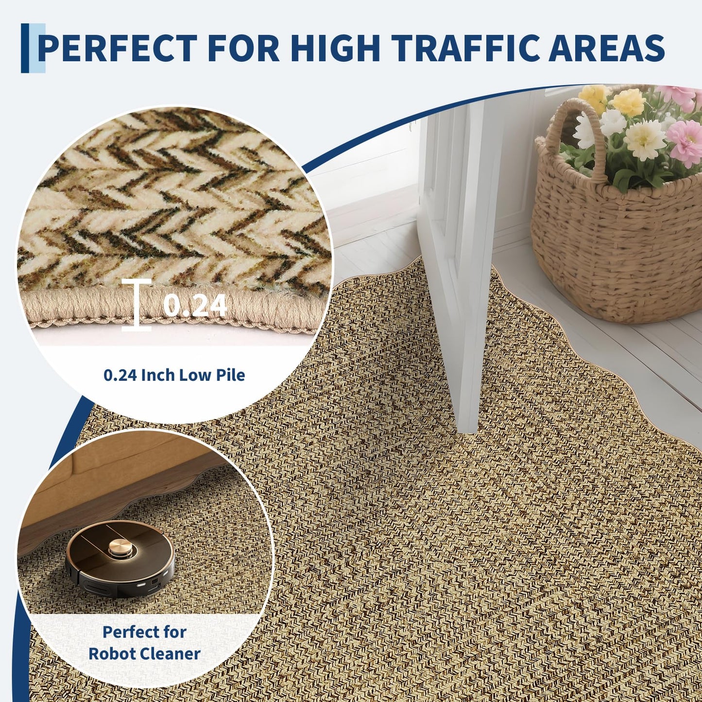 MilleLoom Scalloped Braided Print Washable Rug 8x10 Area Rugs for Living Room Soft Bedroom Rug Stain-Resistant Rustic Foldable Mat Non Slip Low Pile Carpet for Dining Nursery Cottage Office Natural