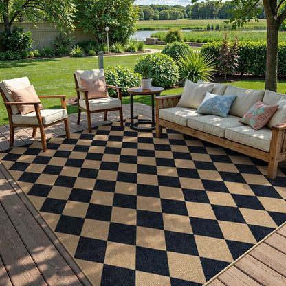 Lanffia Checkered Easy Jute Washable Rugs 8x10, Black Living Room Rug for Dining Room Diamond Indoor Outdoor Carpet, Large Non Slip Low Pile Farmhouse Checkerboard Rug for Classroom Patio