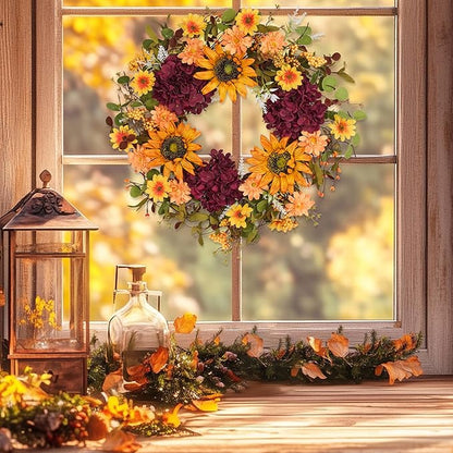 Sunflower Wreaths for Front Door, 24'' Autumn Wreath with Sunflower Hydrangeas & Leaves for Porch Window, Halloween Thanksgiving Wreaths for Home Decor