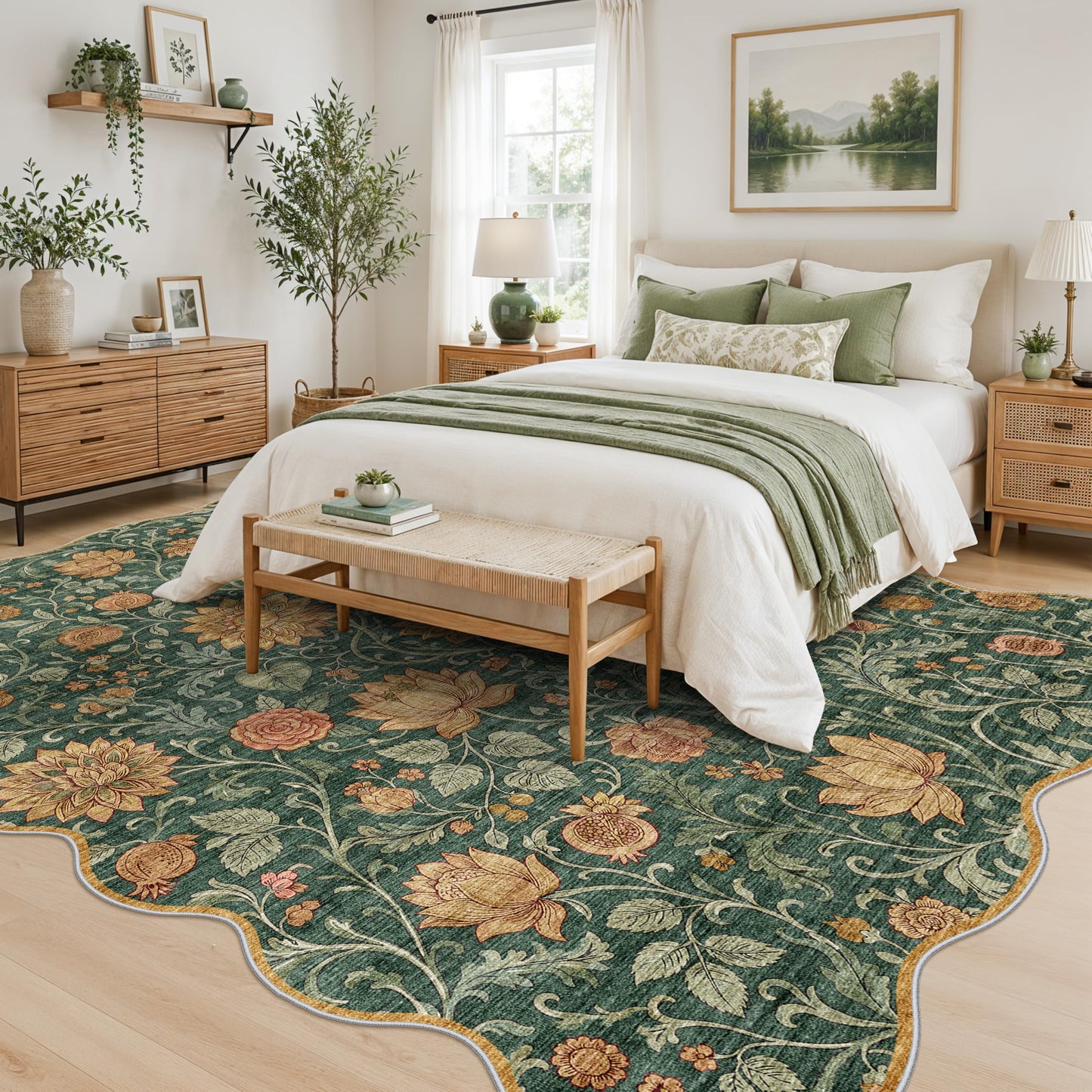9x12 Floral Scallop Edge Rug: Soft Washable Green Scalloped Living Room Rug Stain Resistant Easy-Clean Flower Rugs for Bedroom Thin Non-Slip Boho Floral Area Rug for Dining Room Office (9x12ft,Green)
