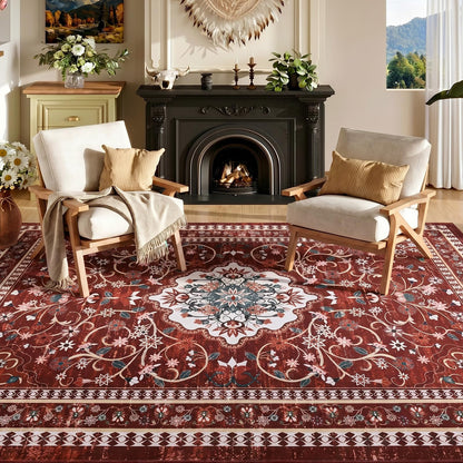 BLEUM CADE 8' x 10' Red Boho Rugs for Living Room, Washable Low Pile Non-Slip Area Rugs for Bedroom Dining Room Kitchen Classroom Office Nursery Playroom