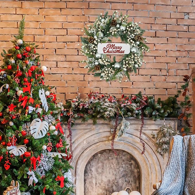 YNYLCHMX 20 Inch Winter Wreath for Front Door, Winter Wreaths with Welcome Sign Pine Needle Pine Cone Berry Artificial Door Wreaths for Window Wall Fireplace Farmhouse Holiday Party Decoration