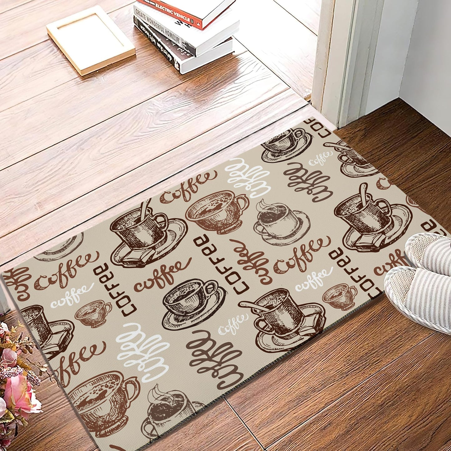 Coffee Cups Doormats, Cafe Theme Indoor Mats for Home Entrance, Super Non-Slip Floor Mats for Home Entryway, Back Outdoor Welcome Mat,Easy Clean,17x 30 inch