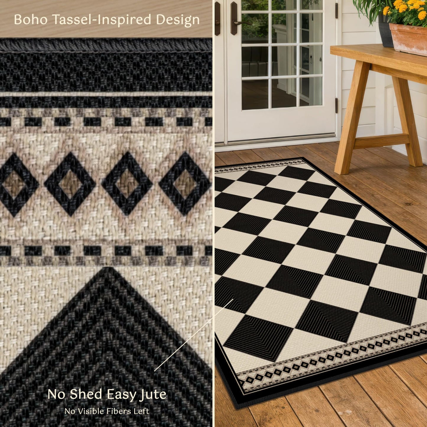 Black and White Diamond Outdoor Easy Jute Front Porch Rug 3x5, Washable Non-Slip Checkered Entryway Rug, Modern Farmhouse Boho Low Pile Indoor Carpet for Living Room, Kitchen, Mudroom, Laundry Room