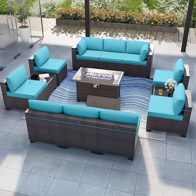 Kurapika 13 Pieces Patio Furniture Set, Rattan Wicker Outdoor Conversation Sets w/43in Propane Fire Pit Table and 4 Inch Cushion(Blue)