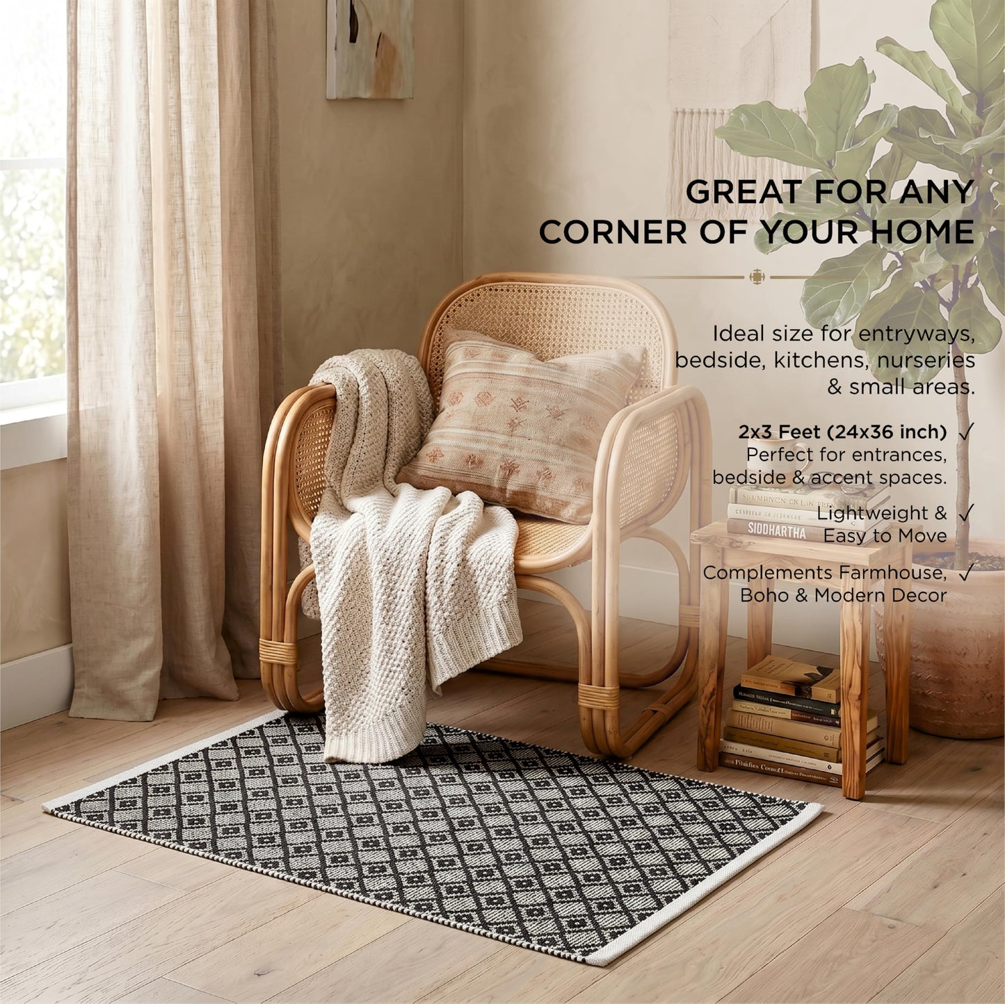 Cotton Diamond Woven Area Rug 2x3 Feet - Black, Non Slip Farmhouse Accent Indoor Outdoor Area Floor Mat Ideal for Entryway, Nursery, Kitchen | Boho Soft Decorative Dark Bedroom Patio Throw Carpet