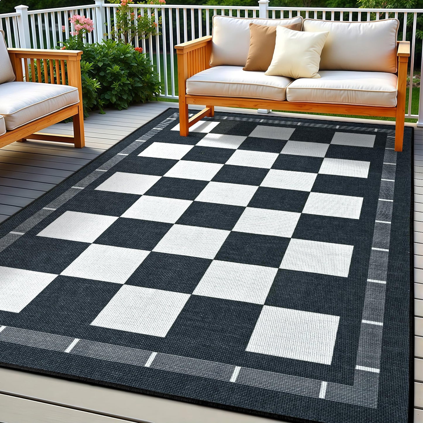 Vasofe Checkered Jute 5x7 Area Rugs, Washable Outdoor Patio Rug for Living Room Indoor Carpet, Non-Slip Farmhouse Geometric Non Slip Carpet for Backyard Dining Room Bedroom, Black and White