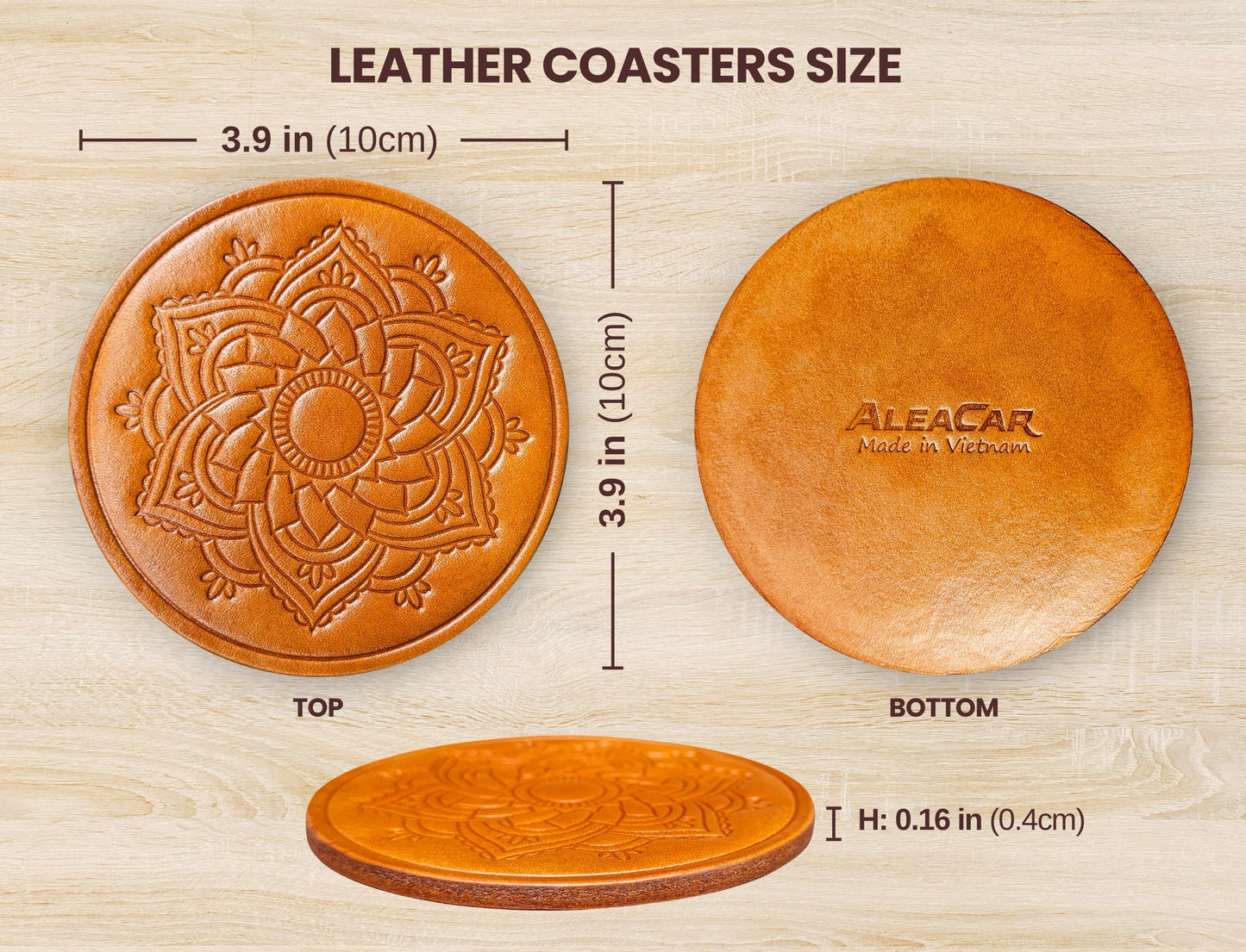 ALEACAR Handmade Leather Coasters 4" for Drinks - Set of 6 Modern Cup Coaster for Coffee, Wine, Desk, Table, Office - Coster for Outdoor Patio, Perfect Housewarming Gift & Home Décor (WoodBrown)