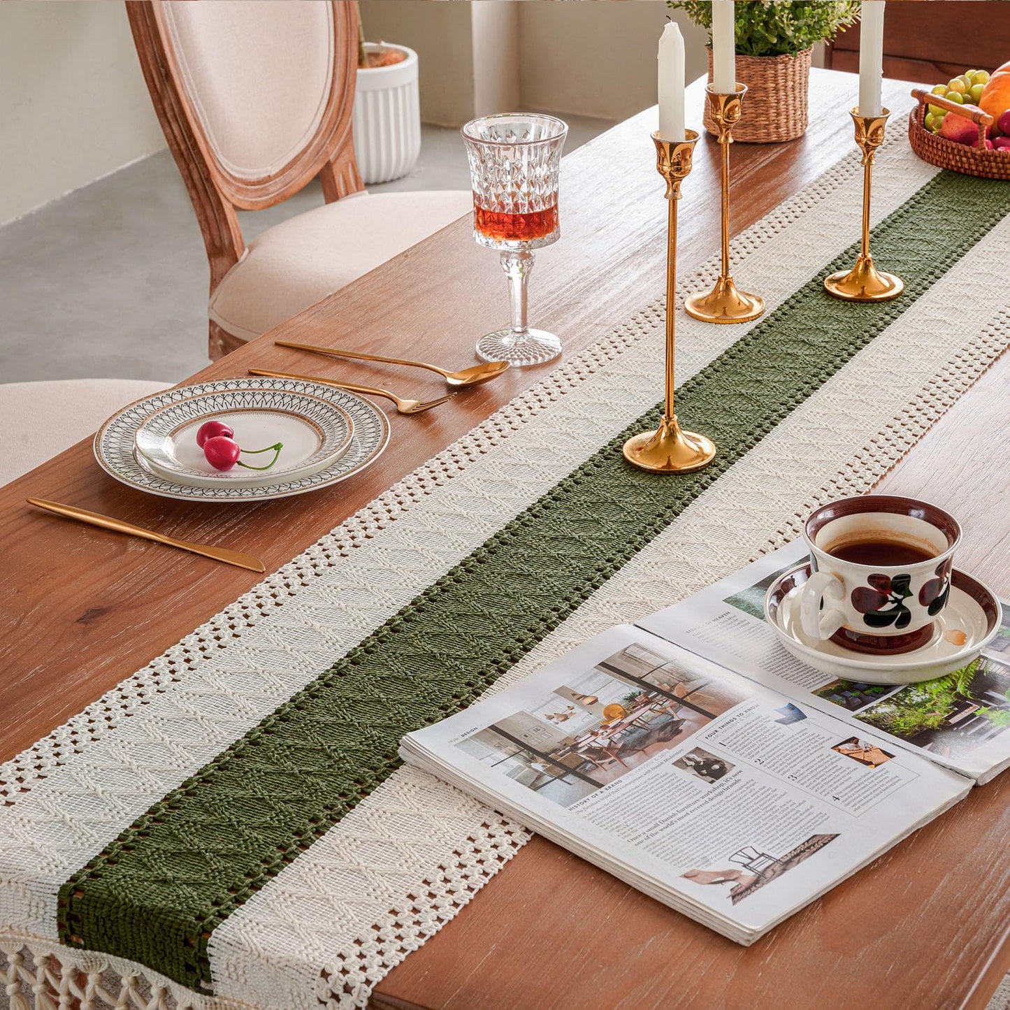 duduta Sage Green Spring Macrame Table Runner 72 inch Long, Farmhouse Boho Dresser Covers Coffee Table Decor