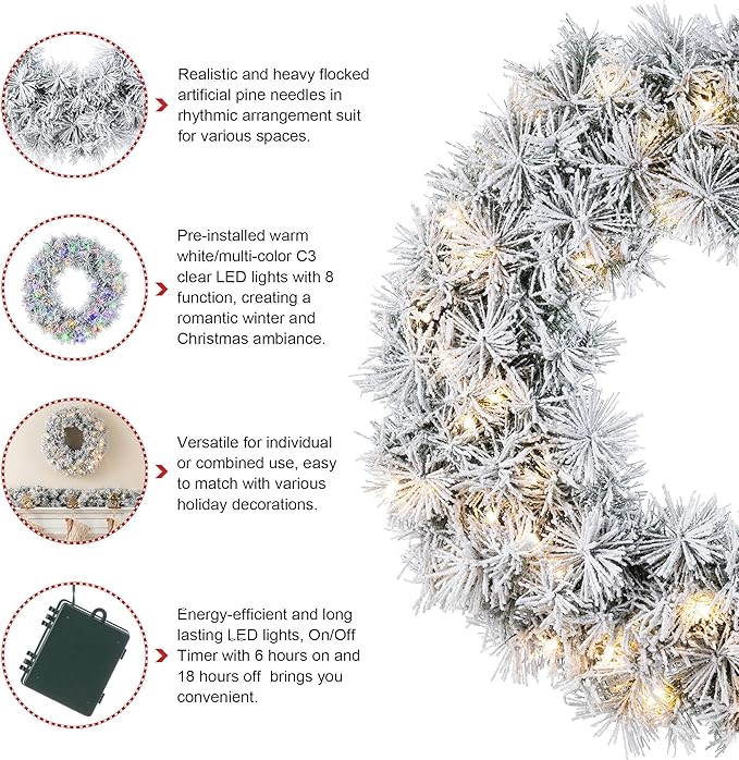 Glitzhome Pre-Lit Christmas Wreath with Lights for Front Door Wall Window Xmas Decor, Snow Flocked 24" D