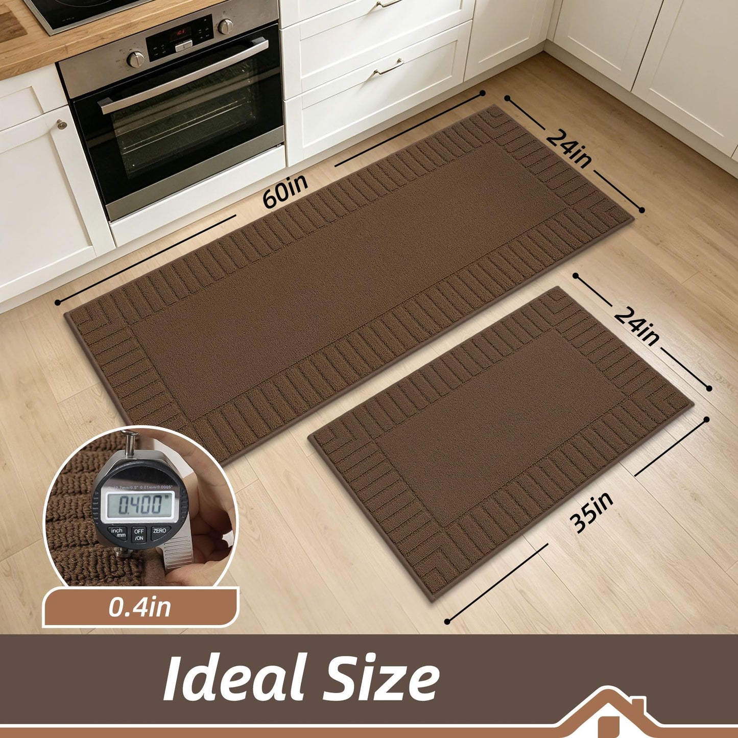 BEQHAUSE-Kitchen-Rugs-Anti-Slip-Kitchen-Mats-for-Floor Absorbent Kitchen Mat Set of 2 Washable Kitchen Runner Rug with TPR Non Skid Backing,Brown 24x35inch/24x60inch