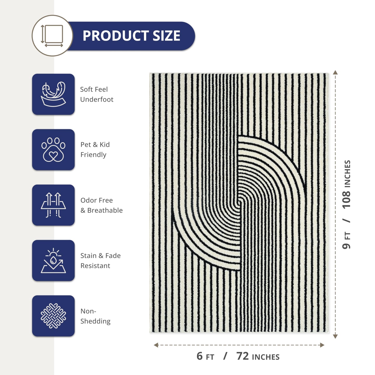 Abani Nuevo Collection Area Rug - Mid-Century Black and White Arch Knot Design - 6' x 9' - for Living Room, Bedroom & Office