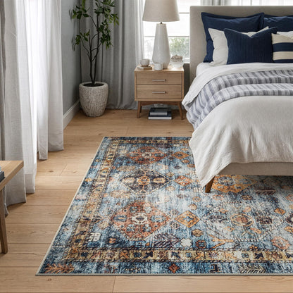 Bloom Rugs Washable Non-Slip 5' x 7' Rug - Blue/Orange Traditional Bordered Area Rug for Living Room, Bedroom, Dining Room, and Kitchen - Exact Size: 5' x 7'