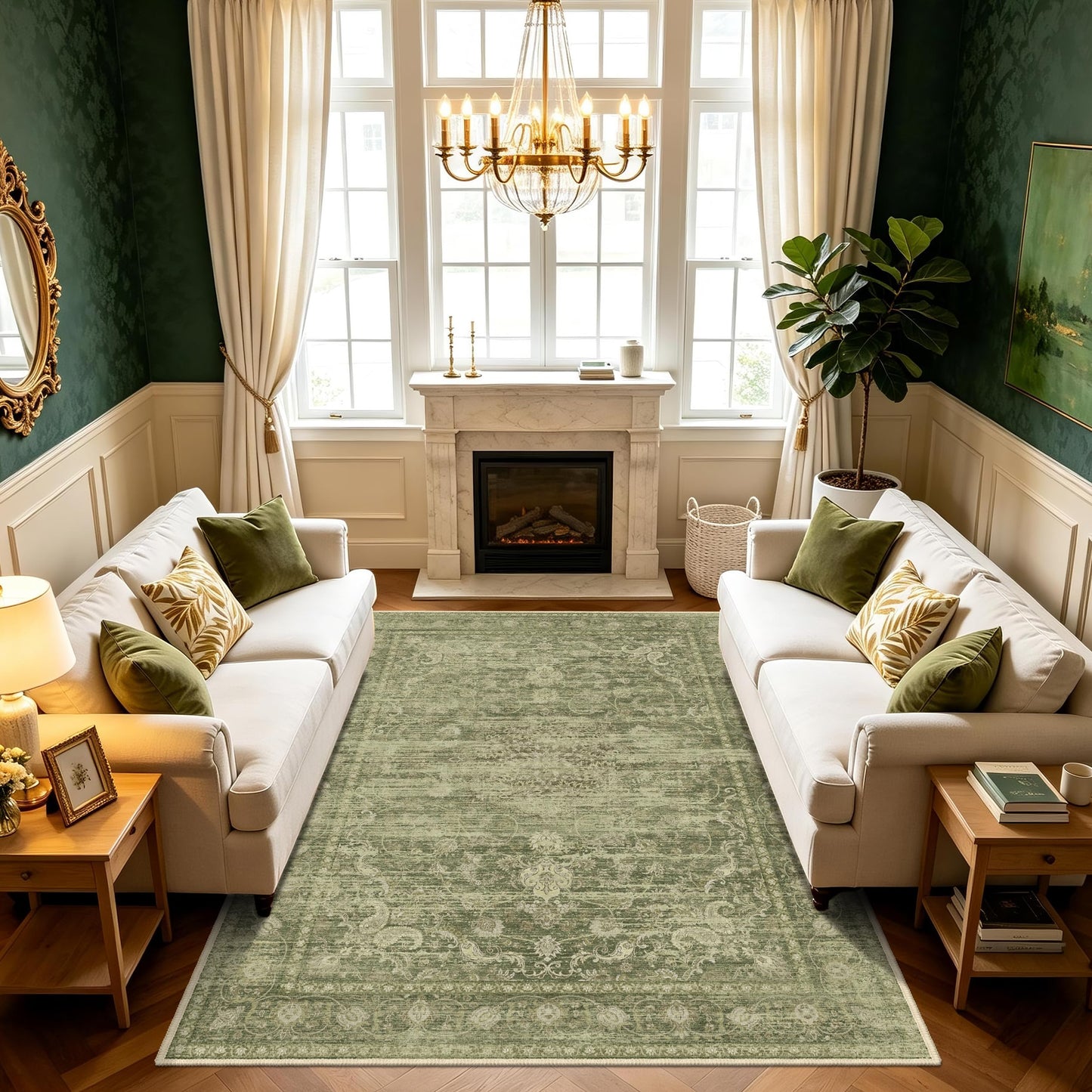 TTelephant Washable Rugs 5x7, Vintage Medallion Carpet for Bedroom, Living Room and Dining Room, Low Pile Sage Green Rug with Non-Slip Silicone Backing, Non-Shedding Stain Resistant