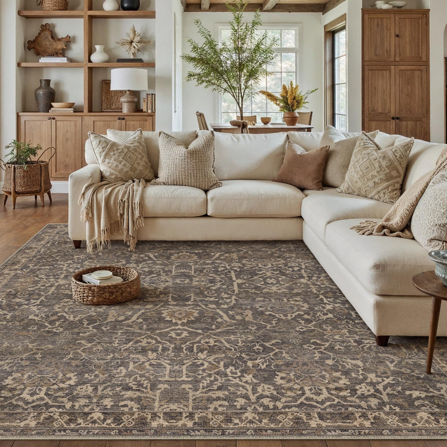 HUGEAR Area Rug 9x12 Retro Brown Machine Washable Living Room Rugs Distressed Vintage Floral Vacuumable Low Pile Carpet Bedroom Office Dining Room Laundry Room Non Slip Soft Lightweight