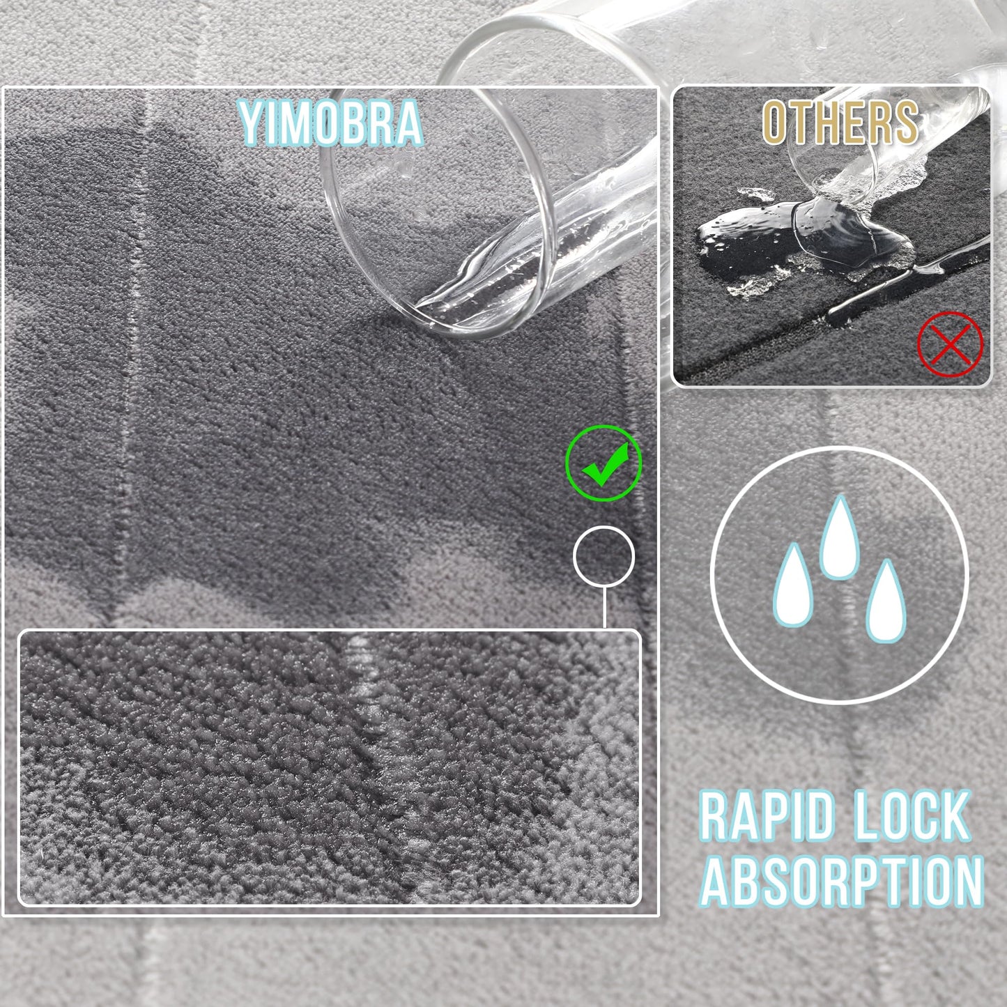 Yimobra U-Shaped Toilet Bath Mat Set 2 Piece - Super Soft Absorbent Quick Dry Memory Foam Bathroom Rugs, Machine Washable Non Slip Floor Carpet for Tub Shower & Single Sink (17x24 & 24x20, Gray)