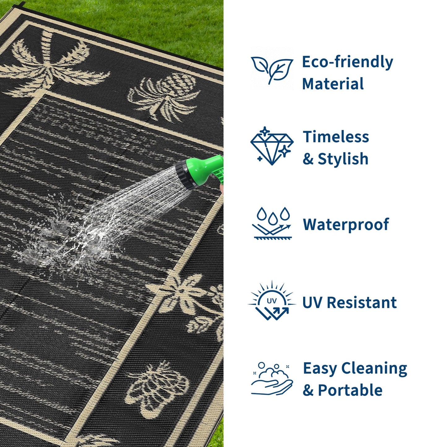 Garvee Outdoor Rug 5x8 Waterproof for Patios, Reversible Plastic Straw Rug, Tropical Leaf Indoor Outdoor Rugs, Large Area Rug for RV, Camping, Deck, Picnic Mat, Outside Carpet, Black & Brown