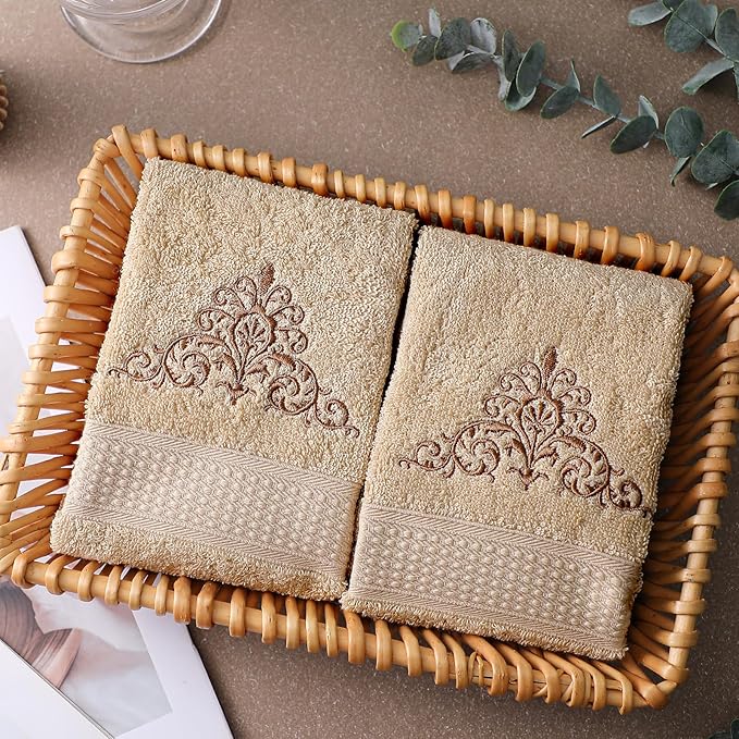 2 Pcs Damascus Hand Towels Brown Farmhouse Bathroom Decor 14x29 Inch